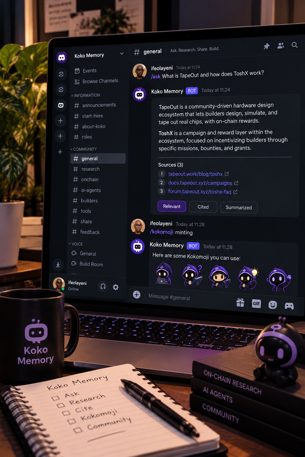 Designed Koko Memory workspace artwork showing the bot answering sourced questions in Discord beside Koko mascot figures and a notebook