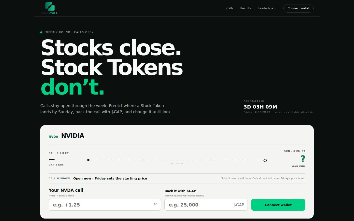 Gap Call live landing page showing its weekly Robinhood Chain prediction interface